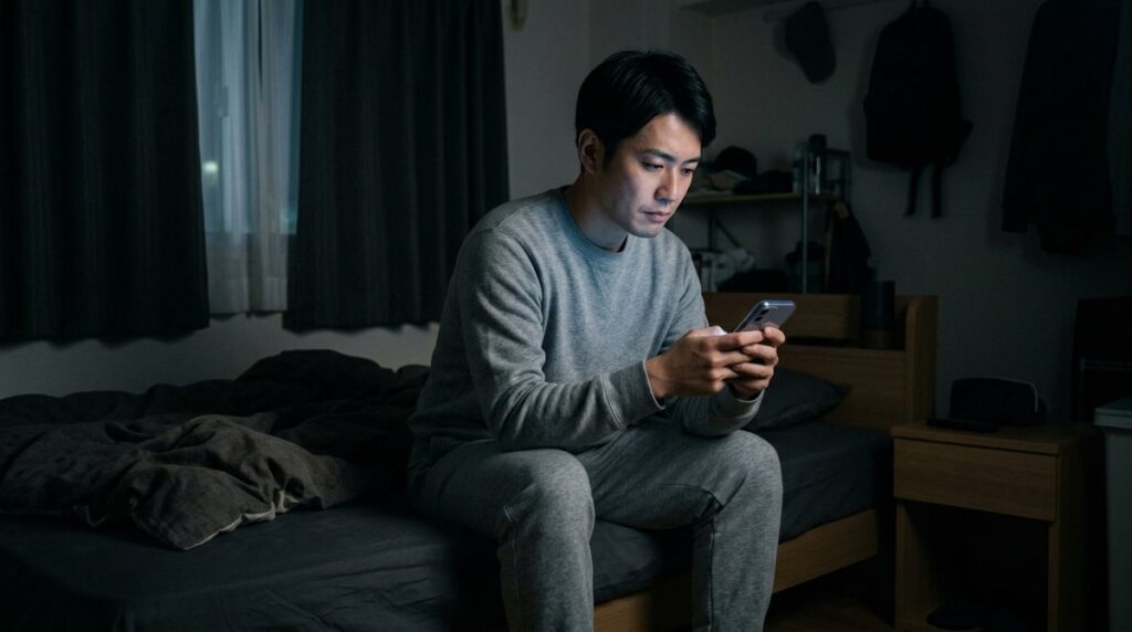 夜、ベッドに座ってスマホを見つめる、グレーのスウェット上下の男性