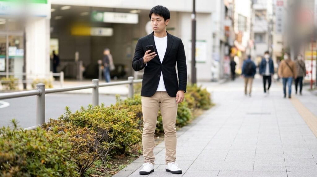 秋の昼、駅の近くの歩道で、黒のジャケットをジャストサイズで着て、白のTシャツ、脚に沿って細いベージュのパンツ、白のスニーカーを合わせた男性