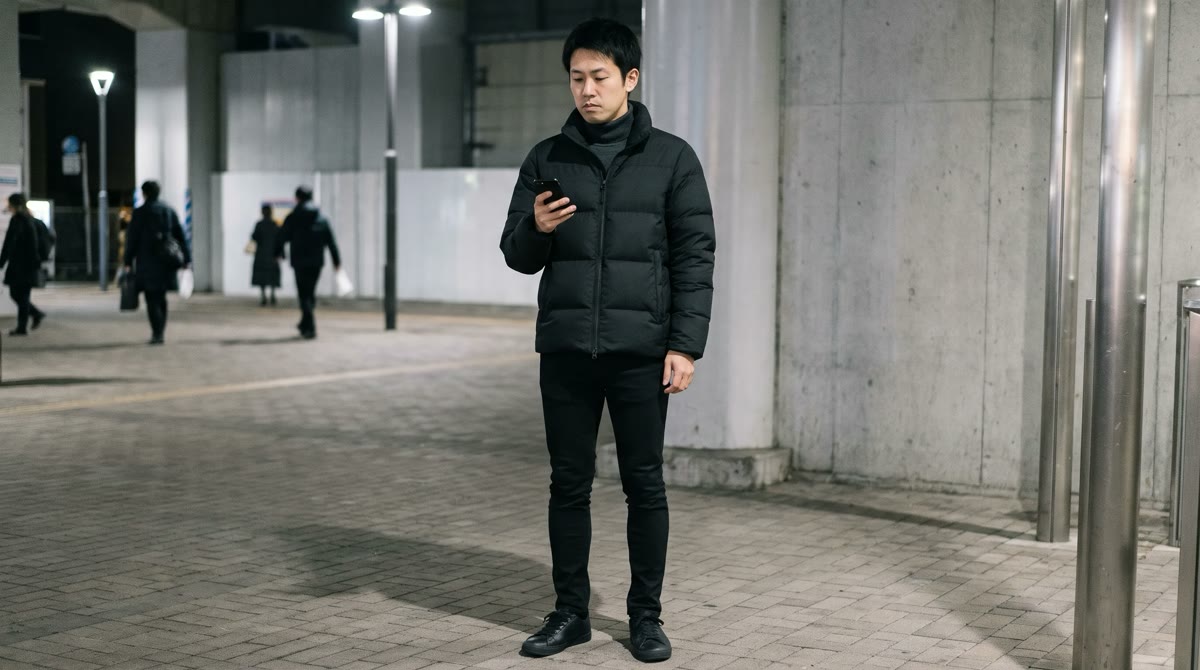 全身が黒とダークグレーの冬のデートの格好（NG例）