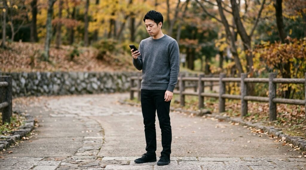 紅葉した公園で、グレーの無地のニットに黒の細いパンツ、黒のスニーカーの男性が人を待っている