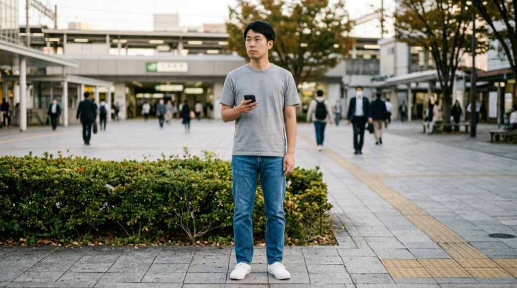 グレーの無地のTシャツにブルーのジーンズ、白のスニーカーで駅前に立つ男性