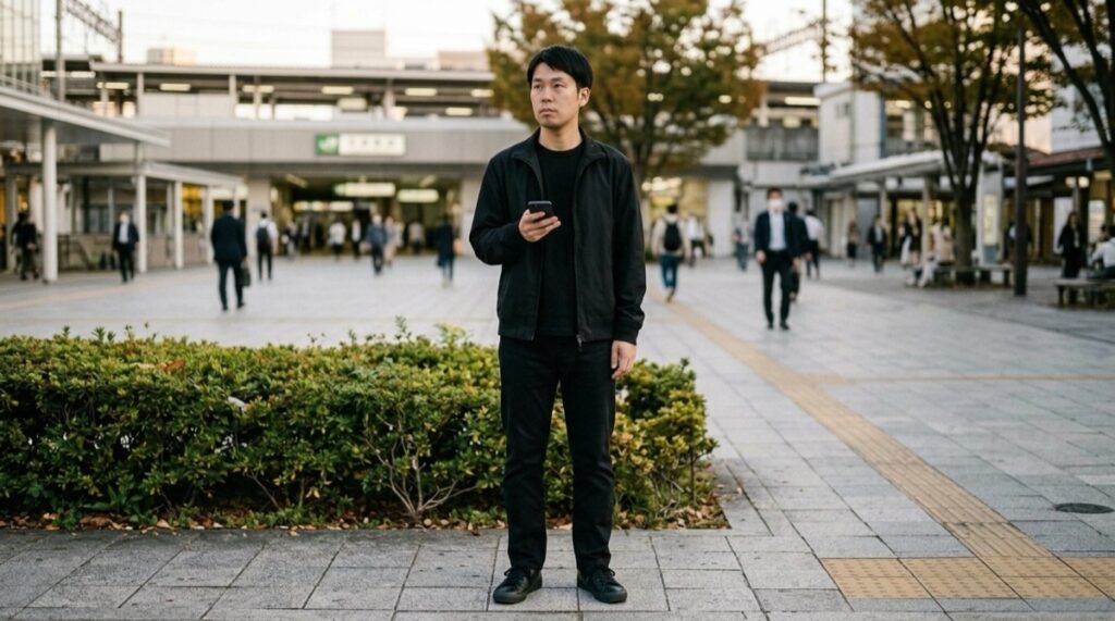 黒のブルゾンに黒のTシャツ、黒のパンツ、黒のスニーカーで全身が暗い色の男性
