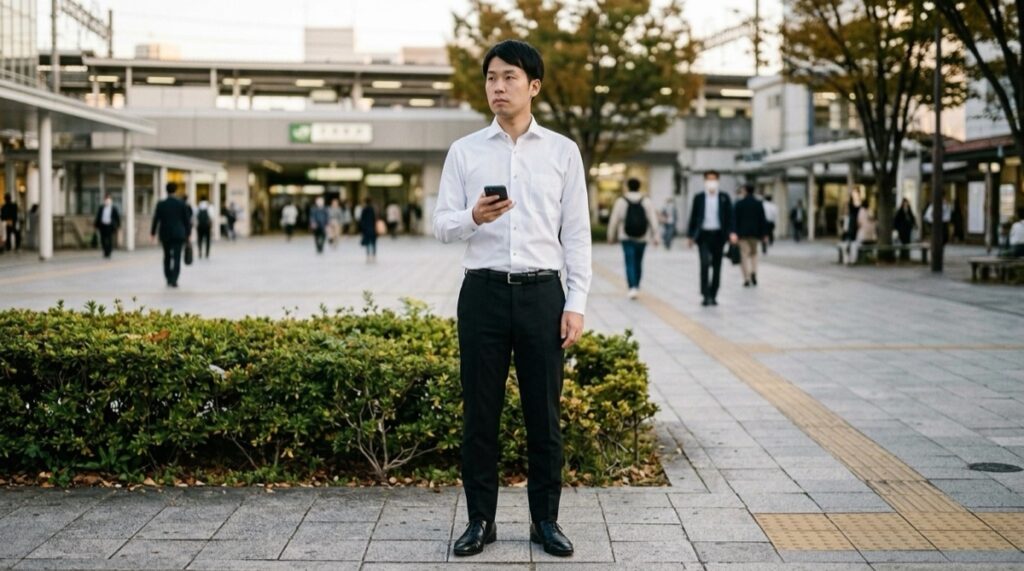 白のビジネスシャツに黒の細身のスラックス、黒のビジネス用の革靴で仕事帰りに見える男性