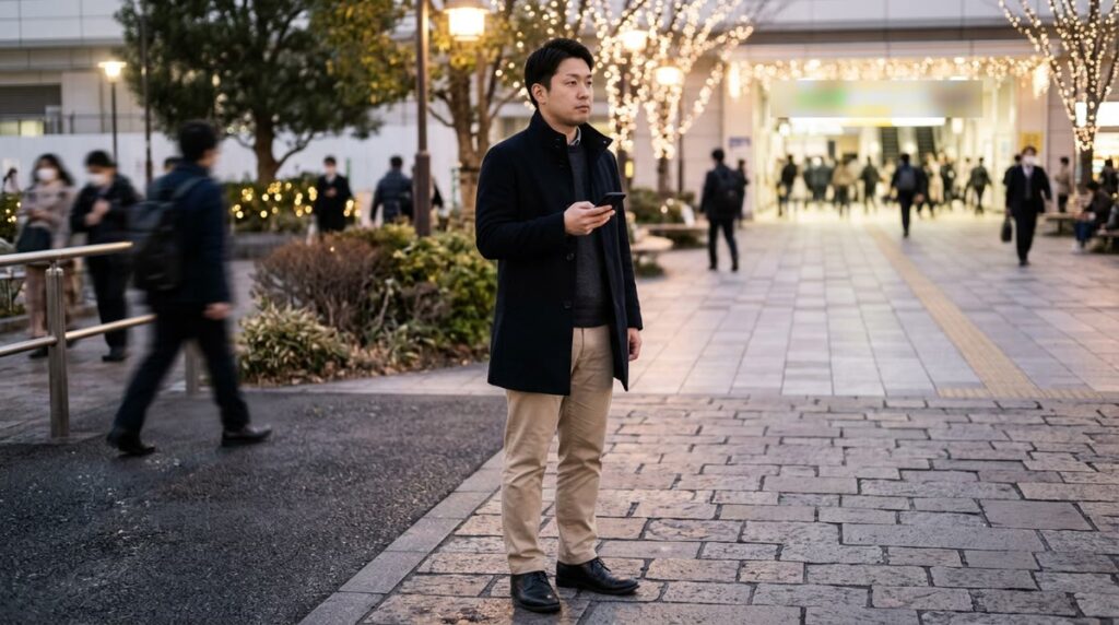 冬の夜の待ち合わせで、黒に近いネイビーのビジネスコートを着た男性が立っている