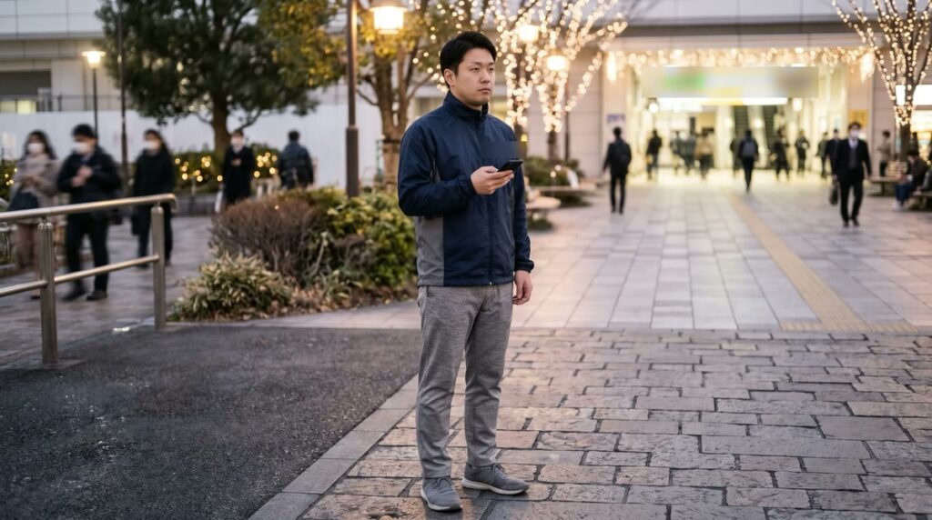 ネイビーとグレーのナイロンのブルゾンにグレーのパンツ、ランニングシューズの男性