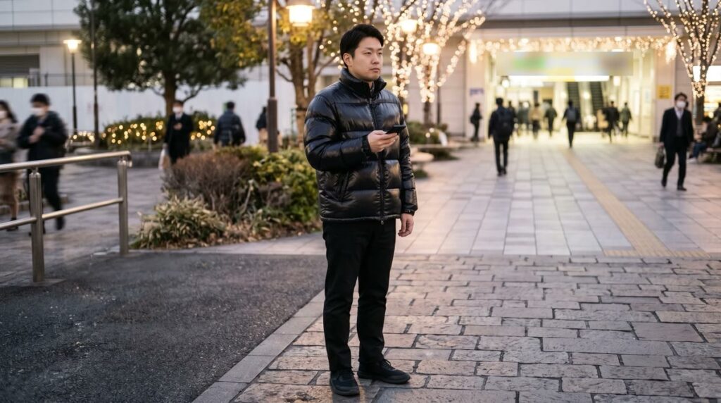 強いツヤでパンパンに膨らんだ黒のダウンを着た男性