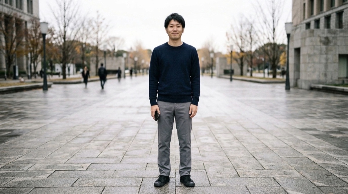 いい人止まりの男性の服（ネイビーのニット、グレーの細いパンツ、裾が靴の上に溜まっている、黒のスニーカー）