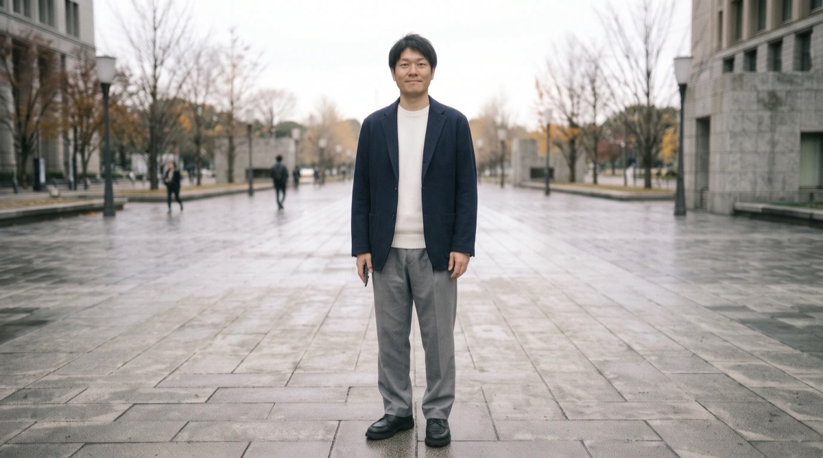 パンツを直した服（ネイビーのジャケット、白のニット、グレーの少しゆとりのあるスラックス、裾はワンクッション、黒の革靴）