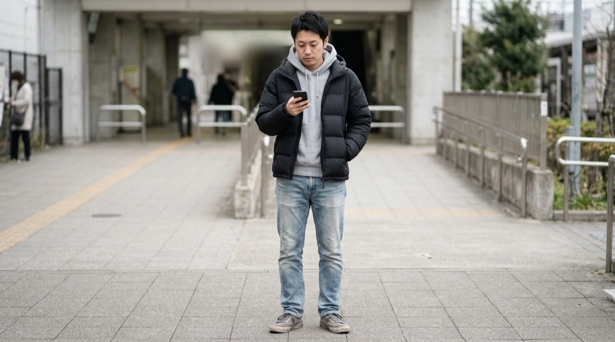 休日の楽な格好をした男性（黒のダウン、グレーのパーカー、色の落ちたジーンズ、履き古したスニーカー）