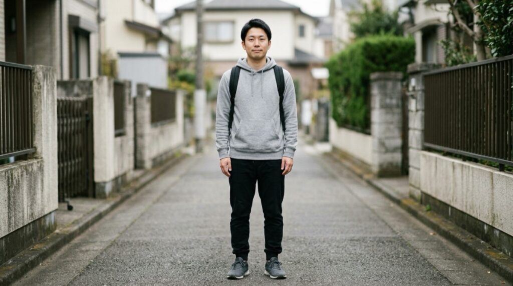 グレーのパーカーに黒のジョガーパンツ、グレーのスポーツスニーカーと黒のリュックで住宅街に立つ男性