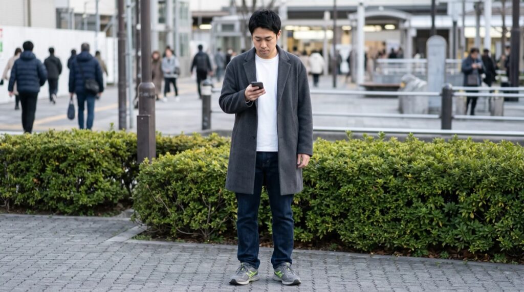 冬の夕方の駅前で、グレーのウールコートに白T、濃いネイビーのジーンズ、ランニングシューズを合わせた男性
