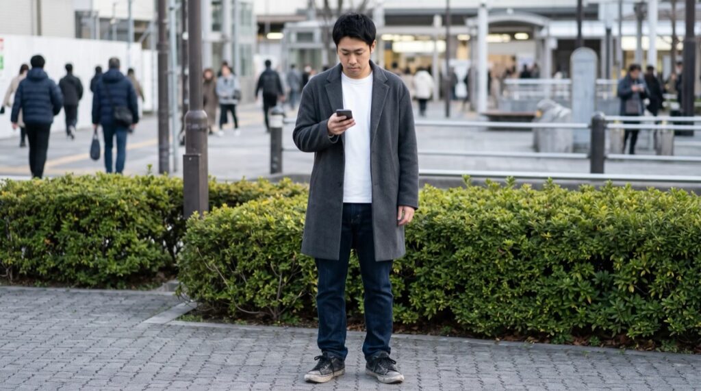 同じ服装で、つま先が擦れて汚れた黒のスニーカーを履いた男性