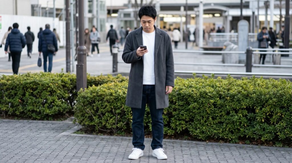 同じ服装で、真っ白なスニーカーを履き、足元だけが浮いて見える男性