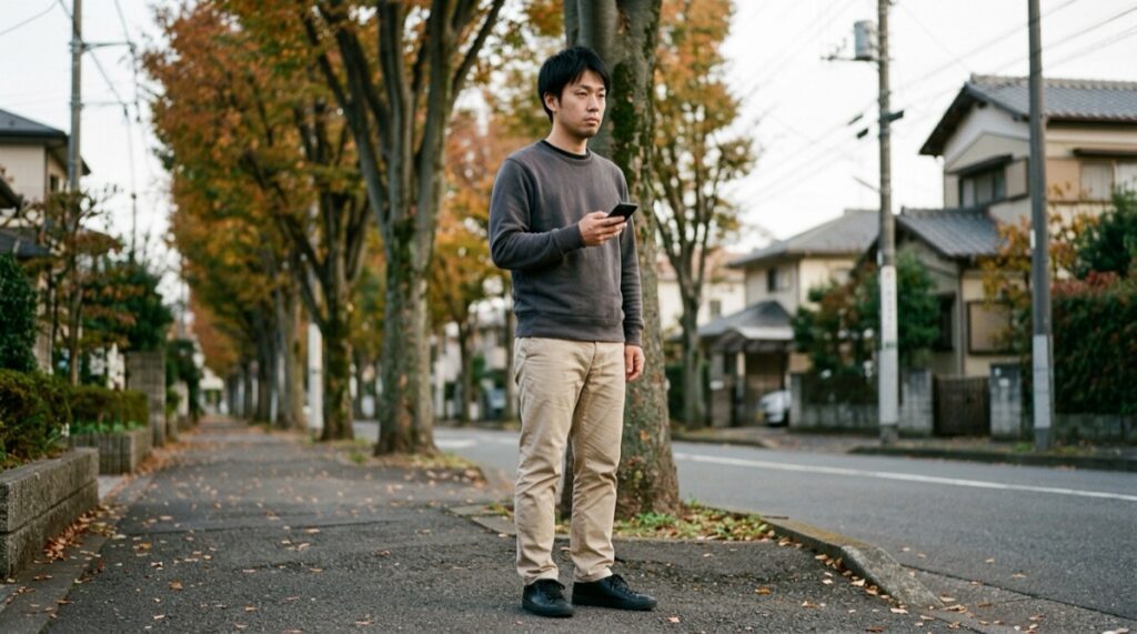 首元の詰まった暗いグレーのスウェットで、顔まわりに明るい色がない格好