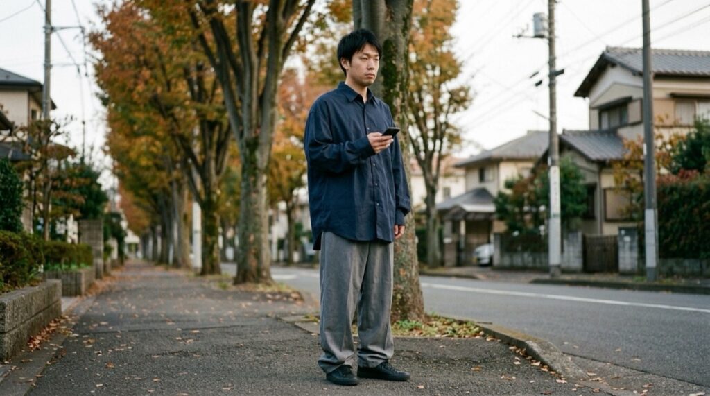 肩が落ちた大きいシャツと、裾がたまる太いパンツで服に着られている格好