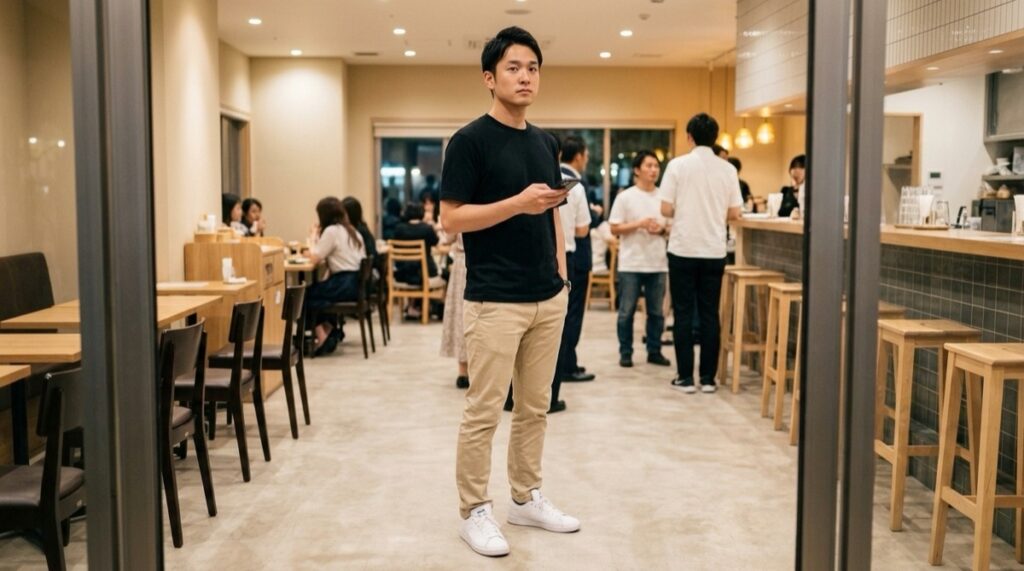 黒のジャストサイズのTシャツに細身のベージュのチノパン、白のスニーカーで街コンの会場に立つ男性