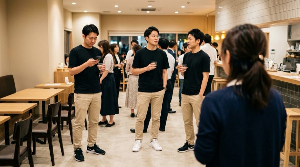 街コンの会場で、黒のTシャツにベージュのパンツ、スニーカーという同じような格好の男性が並んでいる