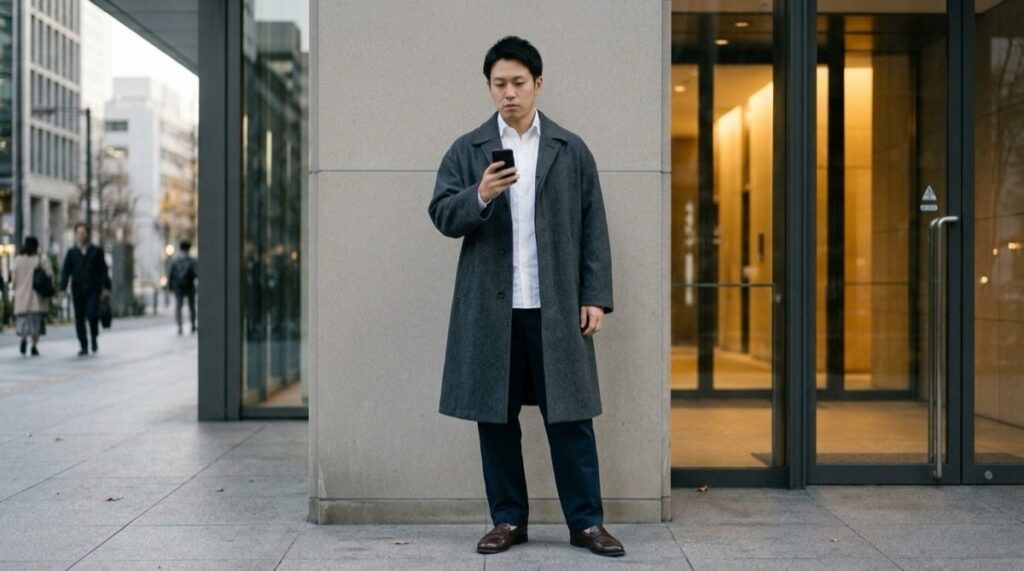 同じ男性・同じ白シャツで、ゆとりのあるチャコールグレーのロングコート、ゆとりのある濃いネイビーのパンツ、ダークブラウンのローファーに替えた着こなし
