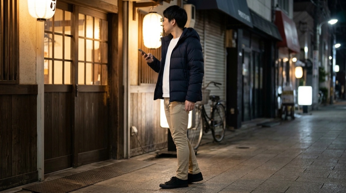 細身のベージュのパンツ（NG例）