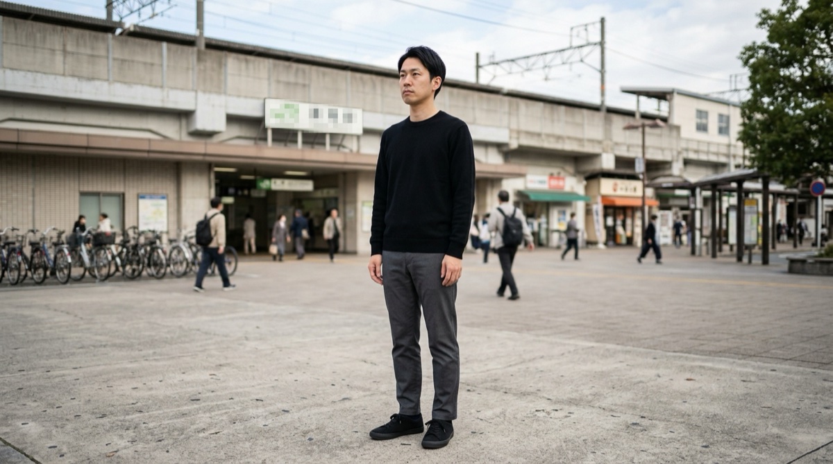 清潔だけど加点がない格好（黒ニット・ダークグレーのパンツ・黒スニーカー）