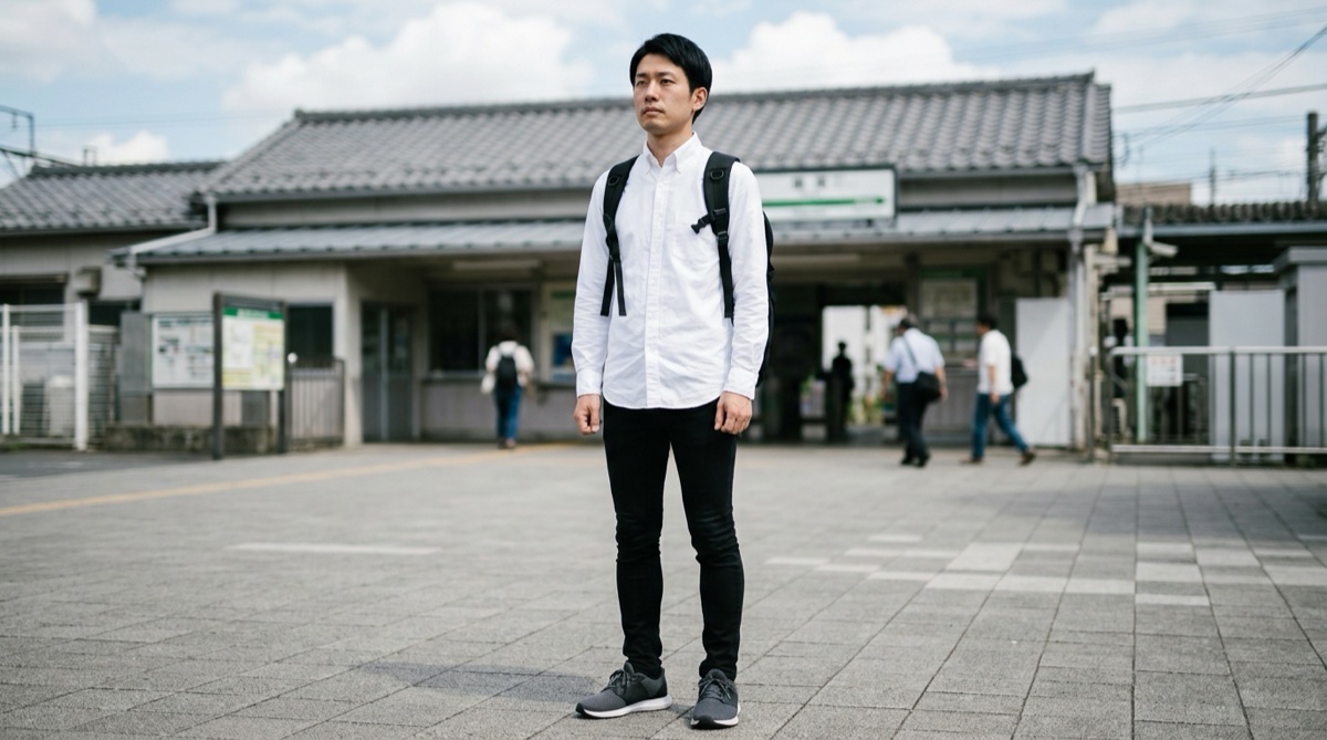 1つずつは清潔なのに全身がそろっていない格好（白シャツ・細いパンツ・運動靴）