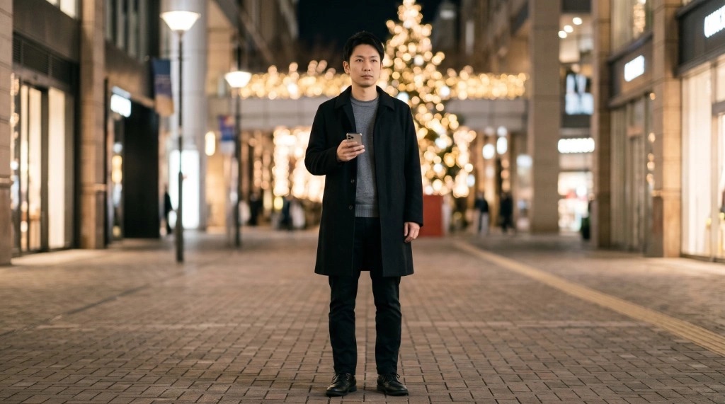 定番でシンプルな冬の格好（黒のコート、グレーのニット、黒のパンツ、黒の革靴。全身が黒とグレーだけ）