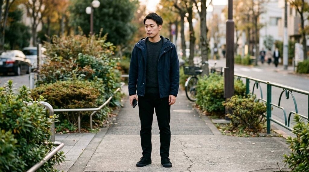 ネイビーのマウンテンパーカーにチャコールのニット、黒のパンツと黒のスニーカーで全身が暗い色だけの格好