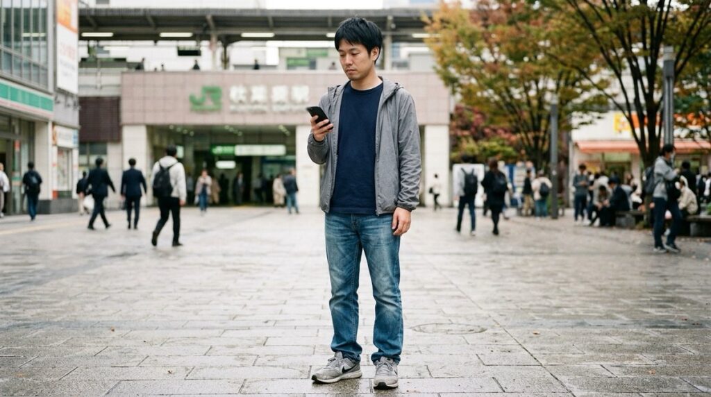 ネイビーの無地のTシャツにグレーのナイロンパーカー、色落ちしたジーンズとグレーのランニングシューズで駅前に立つ男性