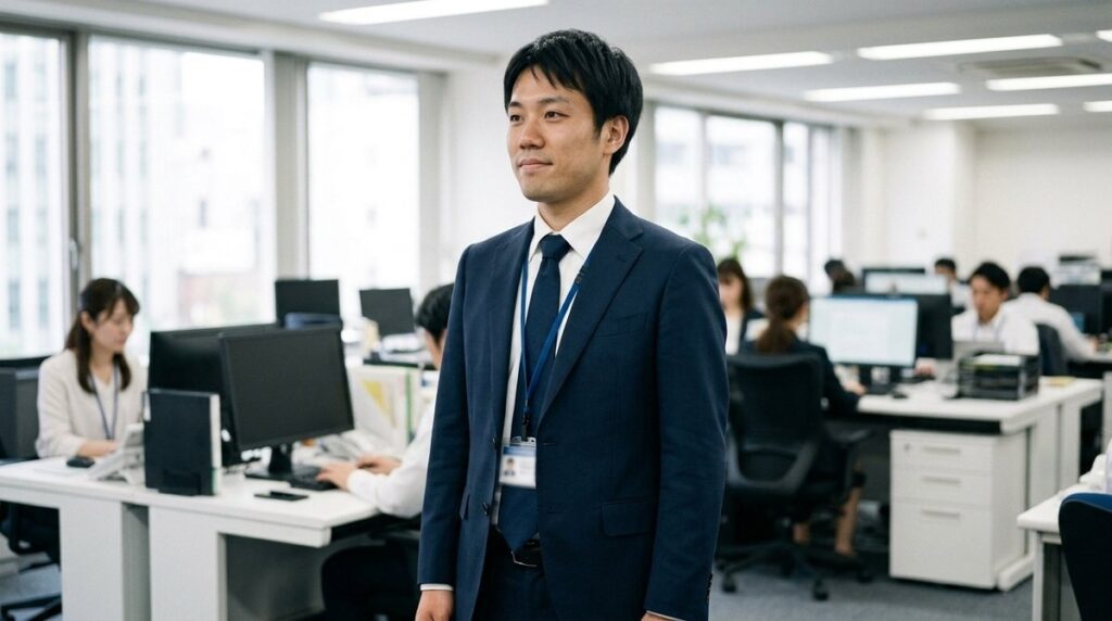 オフィスで紺のスーツに白いシャツとネクタイを着て立つ男性