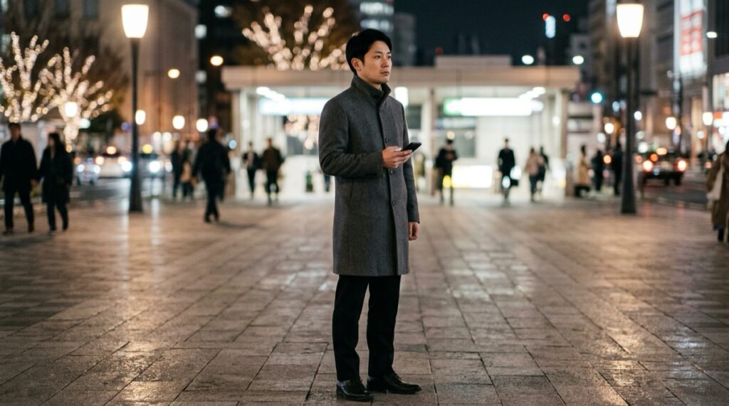 チャコールグレーのウールのコートに黒のパンツと黒の革靴で、夜の待ち合わせ場所に立つ男性