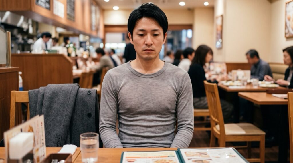 お店の席でコートを脱ぐと、首元の伸びたグレーの薄手の長袖インナー1枚になっている男性