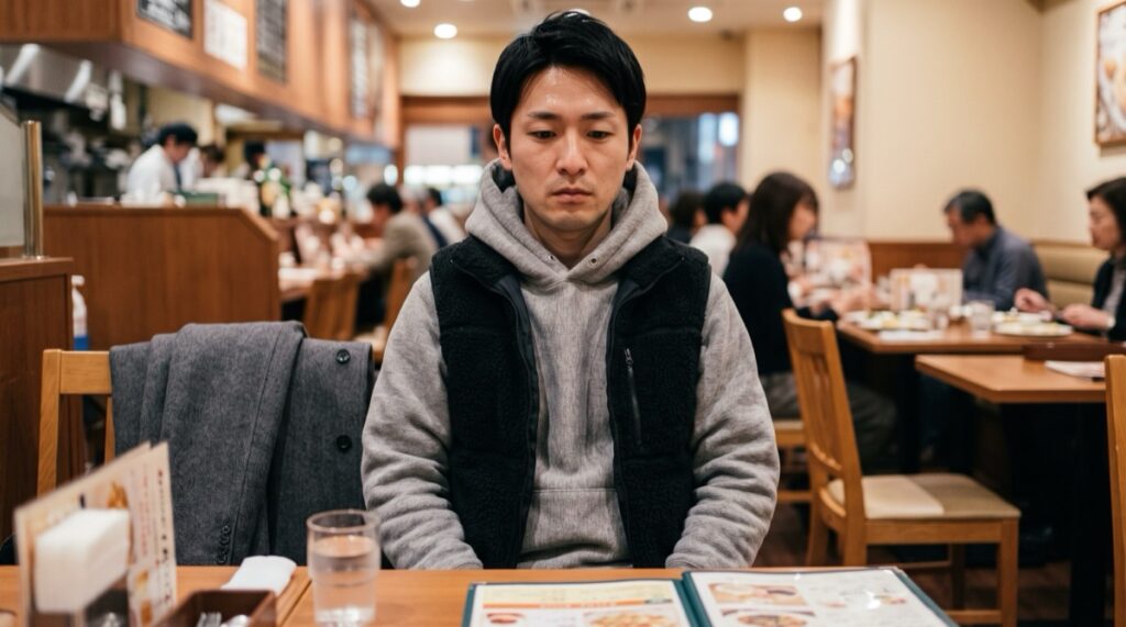 お店の席でコートを脱いでも、厚手のパーカーにフリースのベストを重ねて上半身が膨らんでいる男性
