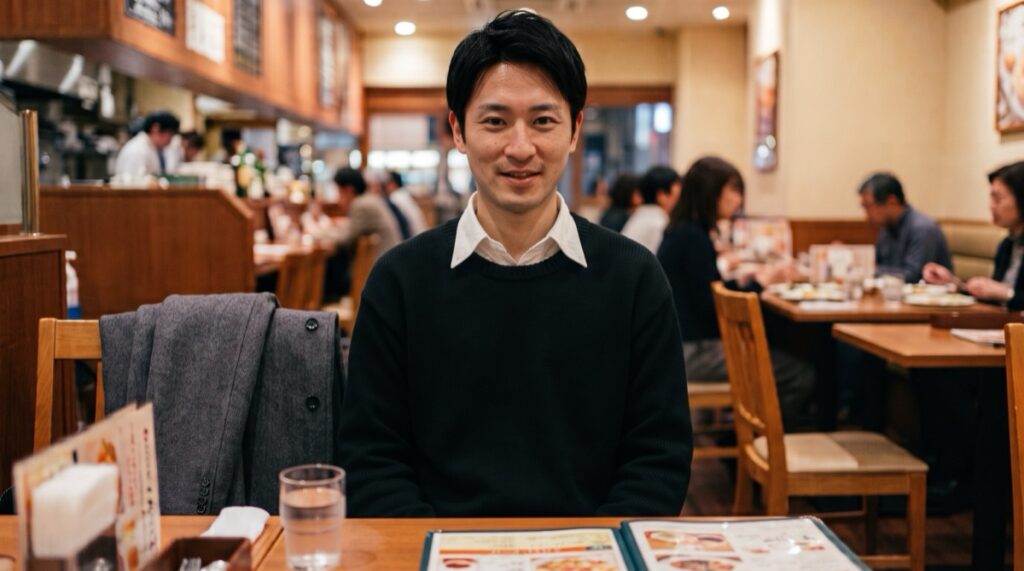 黒のクルーネックのニットの首元から白のシャツの襟を出し、顔のまわりを明るく見せた直し方